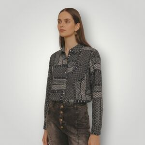 Tommy Hilfiger Patchwork Batik Print Shirt XL Navy Blue White Indigo Boho Dark